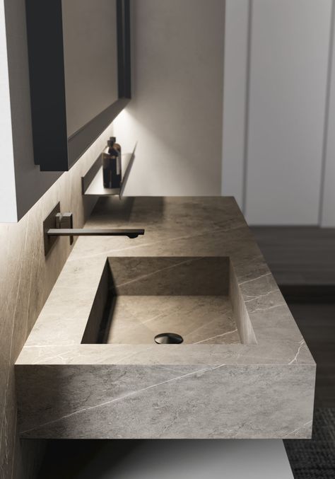 A line of modern bathroom furniture that creates new personal space by using timeless décor distinguished by beautifully matched lines and depths. The design of this collection and its bathroom accessories provide pleasant sensations. Minimalist Sink Bathroom, Corian Washbasin Design, Integrated Bathroom Sink, Granite Sink Bathroom, Wood Sink Bathroom, Modern Bathroom Sinks And Vanities, Integrated Sink Bathroom, Fantini Bathroom, Sink Ideas Bathroom