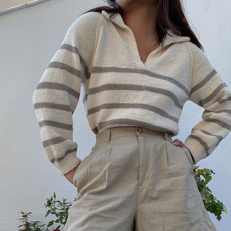 Stripes Top, Knit Polo Shirt Women, Knit Long Sleeve, Polo Knitting Pattern, Knitted Tee, Knit Long Sleeve Tops Pattern, Knitted Outfit, Petite Knit, Knitted Shirt