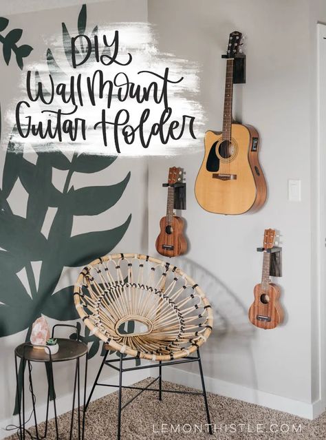 As an artist, I love finding creative ways to display my instruments. It not only keeps them safe and organized, but also adds a personal touch to my ... Boho Corner, Hanging Guitars, Guitar Holder, Artsy Crafts, Guitar Kids, Guitar Wall, Inspired Interiors, Boho Farmhouse, Trendy Home