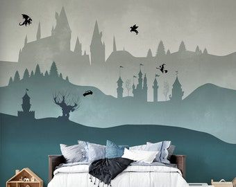 Harry Potter Wallpaper | Etsy Avatar Nursery, Hogwarts Mural, Castle Playroom, Hogwarts Nursery, Harry Potter Wall Mural, Harry Potter Mural, Harry Potter Themed Nursery, Castle Mural, Fantasy Nursery