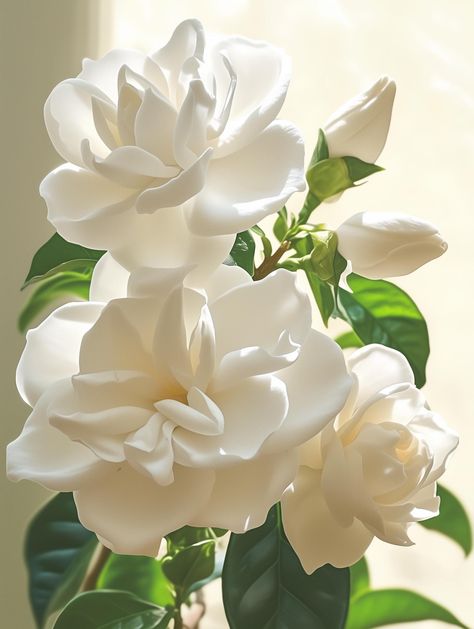 White gardenia flower, large flowers with petals that spiral outwards,  green leaves, closeup of gardenias blooming on trees, photography in the style of natural light. 1856X2462 5.9MB  notice: 1. Colors may vary from screen to print (once/IF printed) 2. All prints are for PERSONAL use ONLY. Any reselling, redistribution, or sharing without obtaining written permission from the owner is prohibited. Floral Photography Nature, Gardenia Plant, Gardenia Flower, Trees Photography, White Gardenia, Nothing But Flowers, Moon Garden, Pansies Flowers, Garden Containers