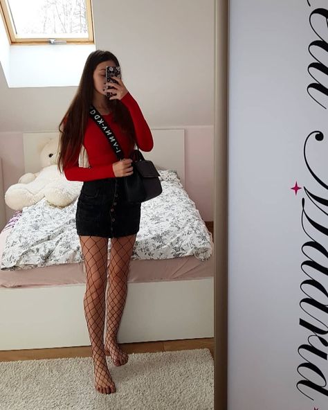 -Red Long Sleeves Top. -Black Denim Button Skirt. -Black Fishnet Tights. Red Fishnet Outfit, Skirt And Fishnets Outfit, Fishnets Outfit, Red Fishnet Tights, Fish Net Tights Outfit, Red Top Outfit, Casual Outfits Ideas, Fishnet Outfit, Summer/fall Outfits