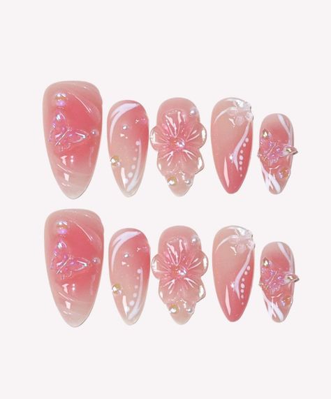 Pink Nails With Flowers, Pink Floral Nails, Elite Nails, Nails Luxury, Medium Almond, Blooming Garden, Butterflies And Flowers, Really Cute Nails, Pink Gradient