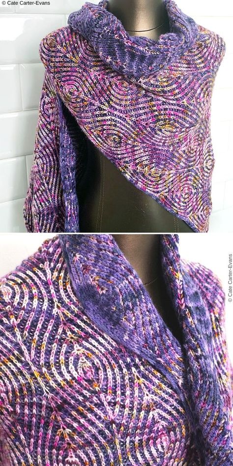 Brioche Knitted Shawls. Author of this pattern took her inspiration from ripples on the water and you can clearly see how amazing this gorgeous shawl looks like. In addition, you can embellish it even further by adding some needs and sequins. I'm sure it's also a wonderful gift idea!  #freeknittingpattern #shawl #wrap Brioche Knitting Patterns Free, Brioche Crochet Patterns Free, Shawl Knitting Patterns Scarves & Shawls, Beginner Brioche Knitting Pattern, Brioche Scarf Pattern, Knit Shawl Patterns Scarves & Shawls, Brioche Shawl, Knit Stitch Patterns Free, Brioche Pattern