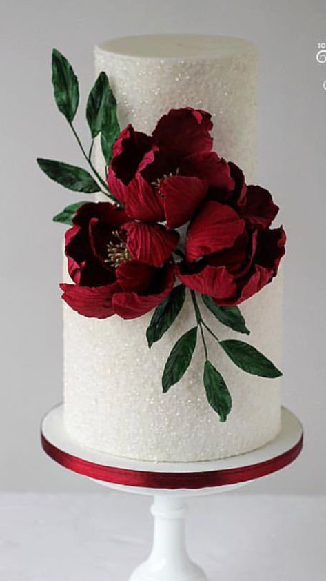 Cake With Red Flowers, Wedding Cake With Red Flowers, White Cake With Red Flowers, Cake With Red Roses, Red Flower Cake, Sparkle Wedding Cakes, Fancy Wedding Cakes, Cake Structure, Beautiful Cake Designs