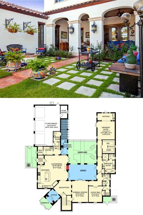 3 Story Mediterranean House Plans, House Plans With Central Courtyard, 2 Story Courtyard House Plans, Spanish Style House Layout, One Floor Spanish Style House, Spanish Hacienda Style Homes House Plans, Hacienda Plans With Courtyard, 4 Bedroom Courtyard House Plans, New Mexico House Plans