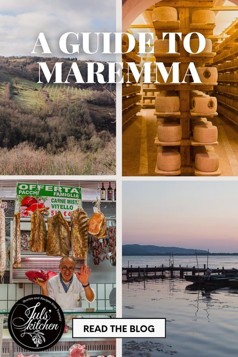 A rolling Tuscan hill with vineyard below, wheels of cheese, a butcher waving to the camera, and a peaceful seaside dock with text "A guide to Maremma, read the blog." Italian Vacation, Italy Itinerary, Timeless Love, Italy Travel Tips, Italy Travel Guide, Olive Trees, Italian Cooking, Rolling Hills, Foodie Travel