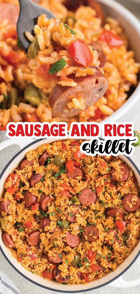 Smoky kielbasa sizzled with sweet bell pepper, onions, and garlic in vibrant tomato sauce. This quick and easy sausage, pepper, and rice skillet is downright delicious! One Pan Sausage, Sausage And Rice Casserole, Sausage And Rice, Sausage Peppers And Onions, Sausage Recipes For Dinner, Sausage Rice, Smoked Sausage Recipes, Sausage Dinner, Kielbasa Recipes