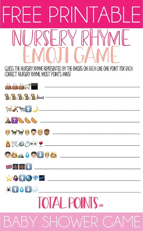 Free printable baby shower emoji games! Perfect for a baby shower party. Great for adults or even for teens at a baby shower! Work Baby Shower Ideas, Baby Shower Emoji Game, Nursery Rhyme Baby Shower Game, Free Nursery Rhymes, Guess The Emoji, Emoji Quiz, Emoji Game, Free Emoji, Free Printable Baby Shower Games