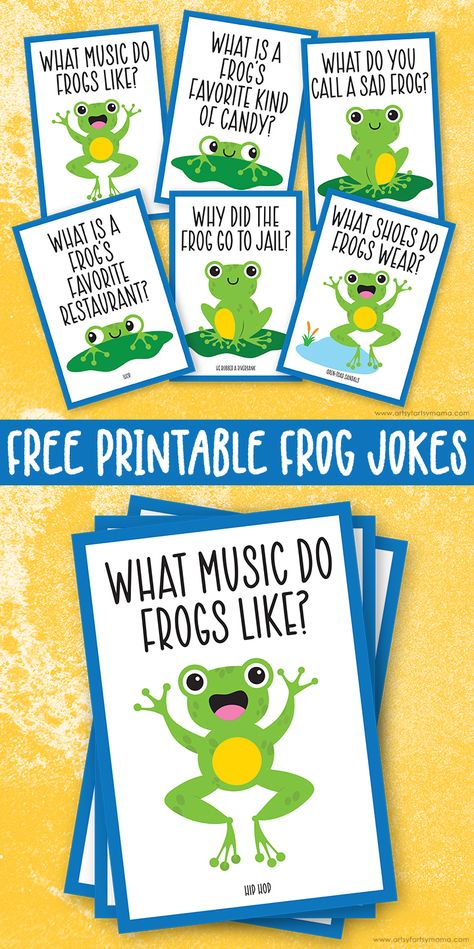 Free Printable Frog Jokes #freeprintable #kidjokes #dadjokes #frogs #freeprintables #jokeoftheday #punny Frog Activities For Kids, Frog Games For Kids, Frog Party Games, Frog Themed Food, Frog Snacks, Frog Jokes, Frog Puns, Frog Party Ideas, Frog Printable