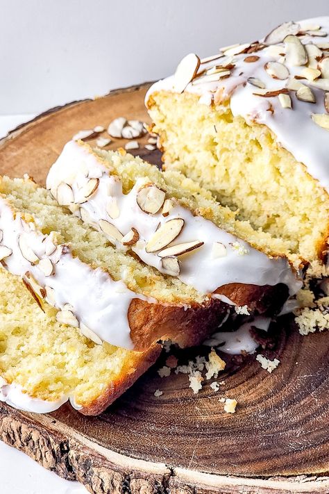 Easy Glazed Almond Loaf Cake Recipe Almond Torte Cake Recipe, Best Sweet And Sour Sauce, Almond Loaf Cake, Almond Loaf, Pumpkin Bread Mix, Onion Petals, Almond Glaze, Almond Desserts, Cream Cheese Wontons