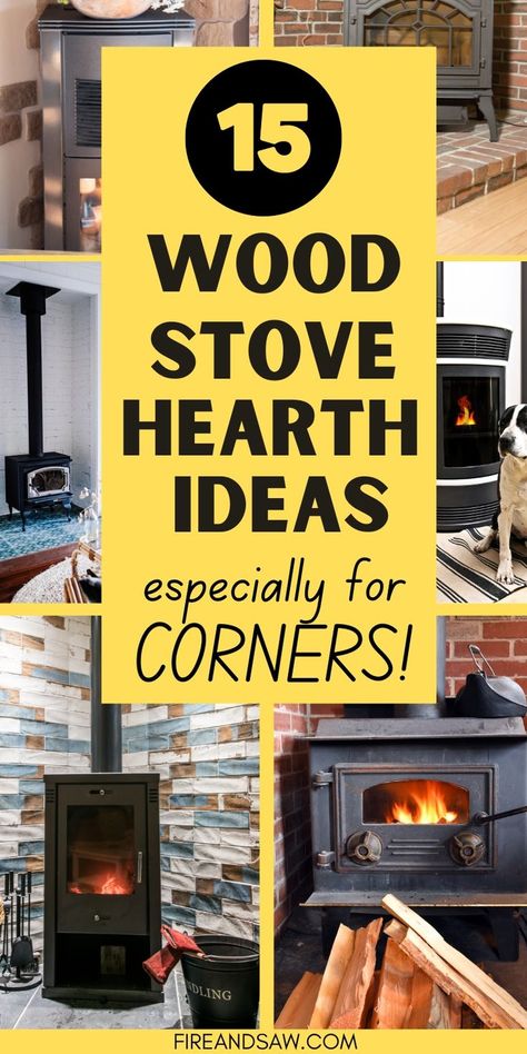 Corner wood stove hearths Stove Hearth Ideas, Wood Stove Hearth Ideas, Wood Burning Stove Decor, Wood Stove Heat Shield, Corner Log Burner, Wood Burning Stove Corner, Corner Wood Stove, Hearth Ideas, Stove Hearth