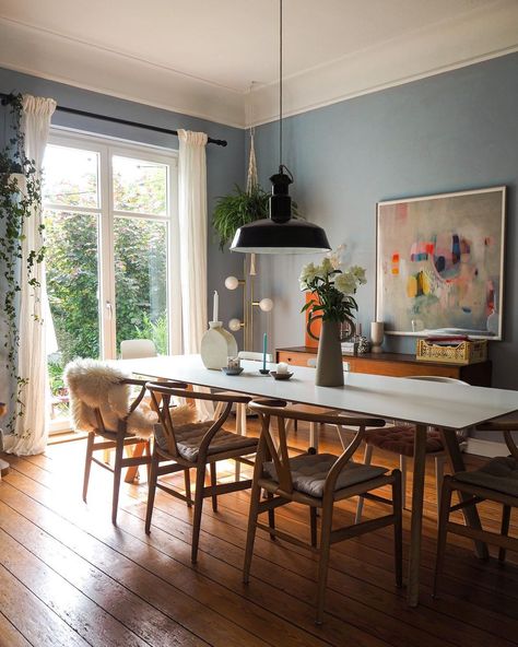 Combining soft muted blue walls with white ceilings in your dining room creates a serene and elegant atmosphere. This color combination is versatile and can easily be complemented with various furniture styles and accessories. You can add a touch of warmth with wooden accents and pops of color through artwork will further enhance the overall aesthetic of the dining room. Soft muted blue from @heyheyhaus Dining Room Light Blue Walls, Light Blue Walls, Dining Room Colors, Trends For 2024, Room Color, Muted Blue, White Ceiling, Latest Colour, Furniture Styles