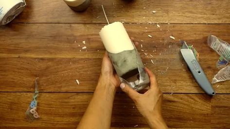 DIY Cement Candle Tutorial | eHow Candal Making, Cement Candles, Bottle Torch, Concrete Candles, Cement Ideas, Candle Tutorial, Paint Stir Sticks, Cement Candle, Aesthetic Candle