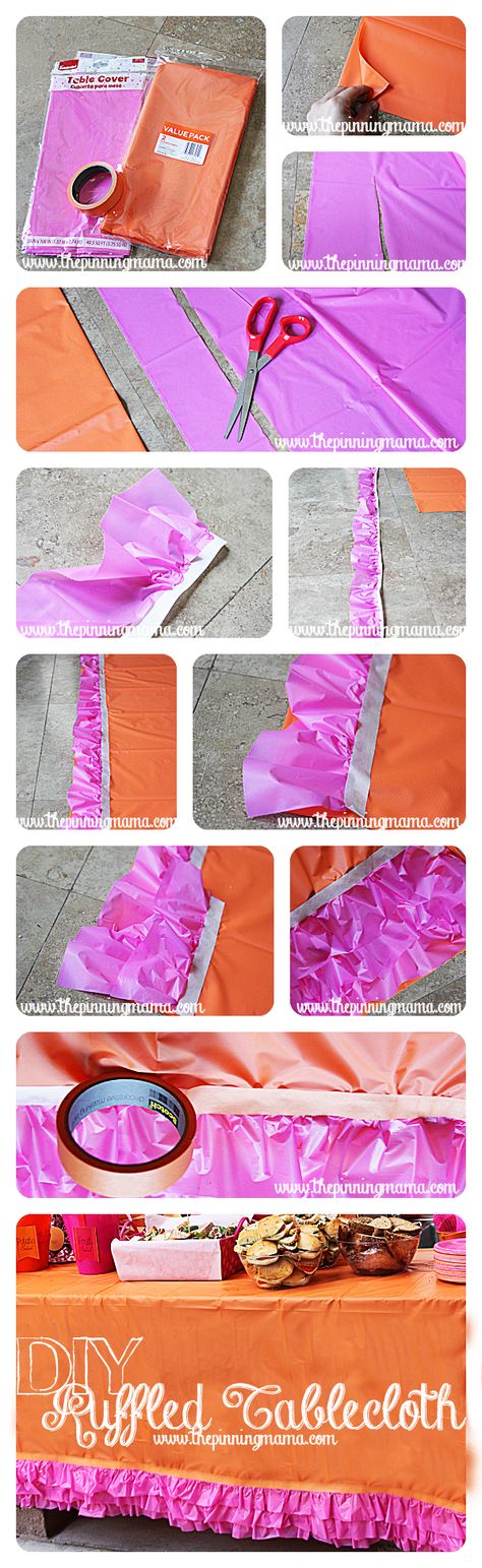 DIY Easy Ruffled Tablecloth - Click here for instructions! Ruffled Table Skirt Diy Plastic Tablecloth, Ruffle Table Cloth, How To Make Plastic Tablecloth Look Nice, Diy Table Skirt For Party, Plastic Table Cloth Ideas, Plastic Table Cloth Ideas Decorations, Ruffle Tablecloth, Baby Shower Table Cloths, Ruffled Tablecloth