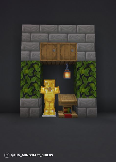 Simple and easy Minecraft medieval themed armor stand with barrels, stone bricks, leaves and a lecturn. #minecraft Fun Minecraft Builds, Minecraft Armor, Stone Bricks, Armor Stand, Medieval Armour, Minecraft Medieval, Minecraft Decorations, Minecraft Blueprints, Medieval Armor