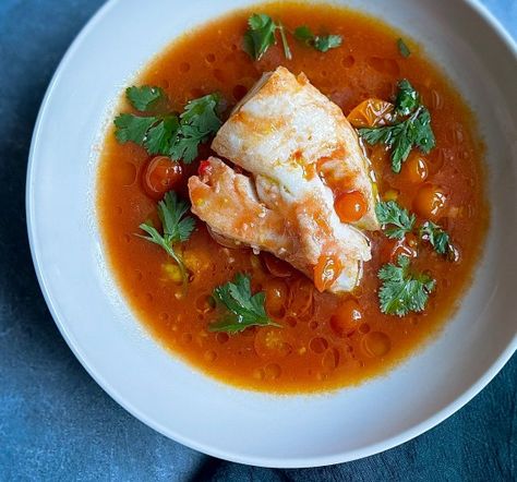 Braised Cod, Tomato Water, Japanese Food Traditional, Cod Recipe, Food Traditional, Tomato Broth, Cod Recipes, Summer Tomato, Cooking Seafood