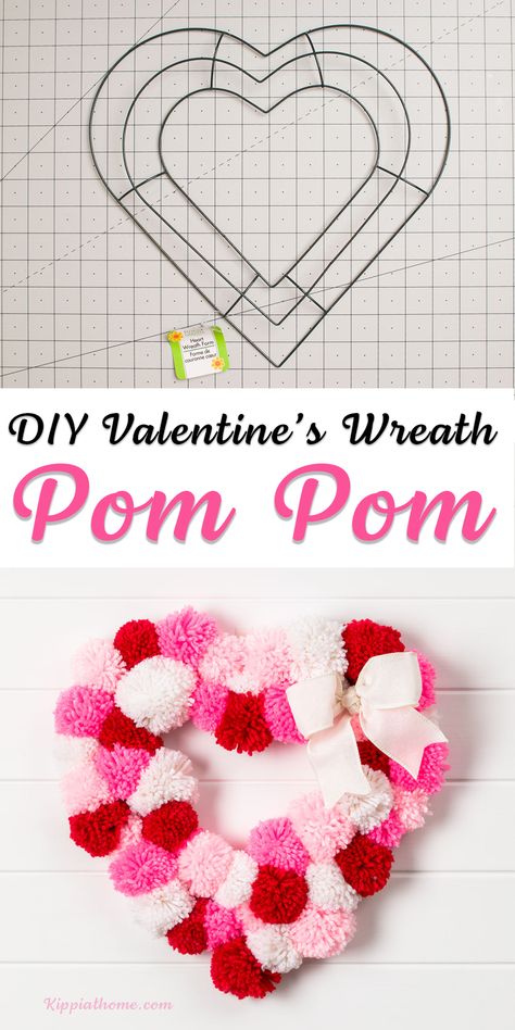 Valentines Pom Pom Wreath, Dollar Tree Wire Heart Wreath Diy, Pom Pom Valentine Wreath, Pom Pom Heart Wreath, Valentine’s Day Wreath Diy, Spring Crafts For Adults Diy, Easter Pom Pom Crafts, Pom Pom Wreath Diy, Diy Pom Pom Wreath