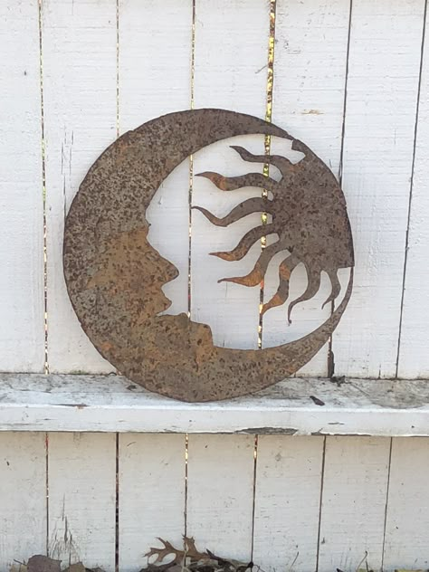 Moon and sun - Sheet metal art 2d Metal Art, Sheet Metal Yard Art, Sheet Metal Art Projects, Garden Metal Art, Sheet Metal Crafts, Sheet Metal Projects, Metal Sun Wall Art, Sheet Metal Art, Heavy Metal Art