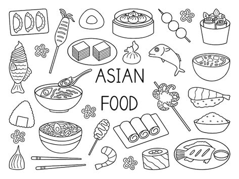 Asian Food Doodles, Food Mural, Food Drawing Easy, Food Doodle, Chinese Drawing, Food Doodles, Food Sketch, Easy Asian Recipes, Hand Drawn Icons