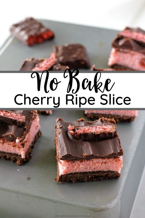 Cherry Slices Recipe, Christmas Dainties, Cherry Ripe Recipes, Buffet Board, Cherry Slice, Cherry Ripe Slice, Cheesecake Cups Recipe, Sweet Slices, Chocolate And Coconut