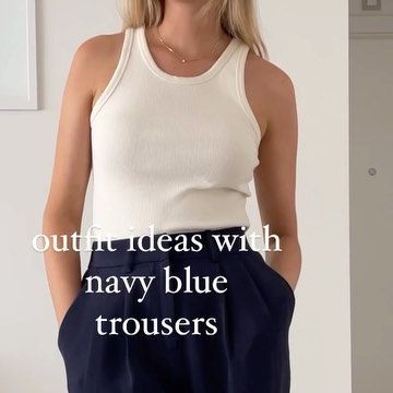 Sara Yaben on Instagram: "Navy blue trousers are a must💙 Here you have some transitional outfit ideas with them, tell me your fav!" Blue Chinos Outfit Women, Navy Chinos Women Outfit, Navy Wide Leg Trousers Outfit, Navy Blue Pants Outfit Women, Navy Trousers Outfit Women, Navy Blue Trousers Outfit, Navy Trousers Outfit, Chinos Women Outfit, Plazo Outfits