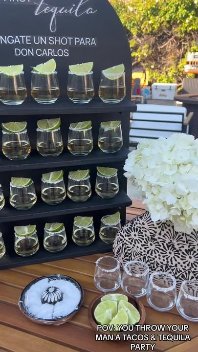 Tequila Tasting Bar Wedding, 40th Birthday Tequila Theme, Tequila Bday Party, Tequila Centerpiece Ideas For Men, Tequila 30th Birthday, Mexican Party For Men, Don Julio Party Decor, Patron Birthday Party Ideas, Shot Bar Ideas