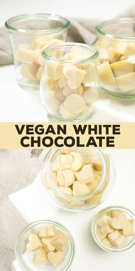 Learn to make homemade vegan white chocolate with this easy recipe. Paleo Version Available. Just 6 simple ingredients! #glutenfree #dairyfree #vegan #vegetarian Deserturi Raw Vegan, Patisserie Vegan, Vegan Candy, Vegan White Chocolate, Vegan Candies, Desserts Vegan, Recipes Gluten Free, Vegan Dessert Recipes, Vegan Treats