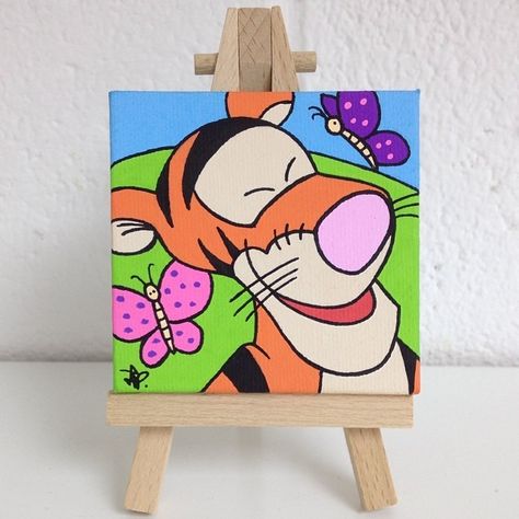 Art Ideas Painting Cartoon, Tigger Painting On Canvas, Disney Character Paintings On Canvas, Tigger Painting, Cartoon Canvas Art, Cartoon Canvas Painting, Paint Butterfly, Paint Cartoon, Disney Canvas Paintings