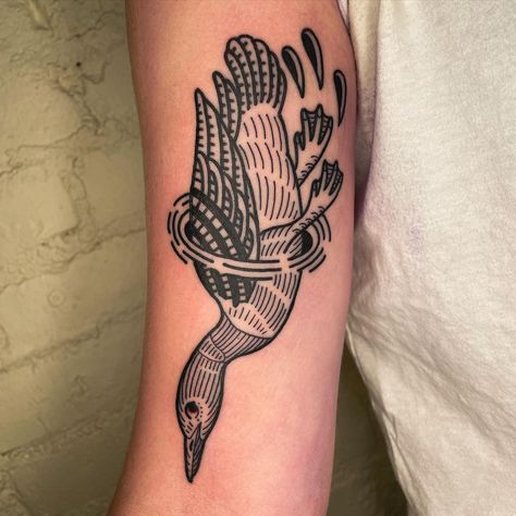 Block Print Style Tattoo, Diving Bird Tattoo, New Age American Traditional Tattoo, Folk Animal Tattoo, Grub Tattoo, Seagull Tattoo Traditional, Cute Blackwork Tattoo, Woodcut Bird Tattoo, American Traditional Goose Tattoo