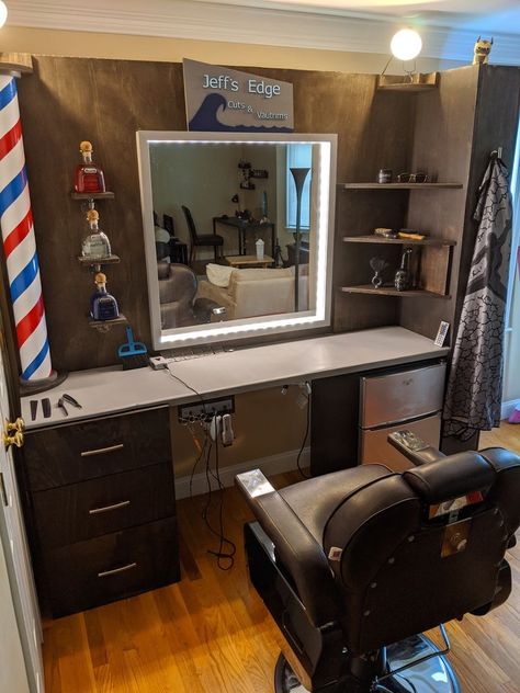 Barber Shop Shed Ideas, At Home Barber Shop Ideas, Barber Set Up Ideas, In Home Barber Shop Ideas, Barber Shelves, Barber Shop Station Ideas, At Home Barbershop, Diy Barber Station, Barber Suite Decor