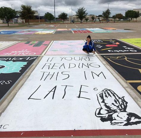 Parking Spot Painting Ideas, Highschool Parking Spot Ideas, Parking Lot Painting, Parking Spot Painting, Spot Painting, Senior Pranks, School Painting, Space Painting, Senior Guys