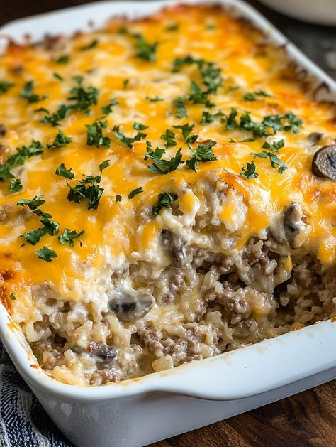 Beef and Rice Casserole Beef And Brown Rice Recipes, Ground Beef Wild Rice Casserole, Hamburg And Rice Recipes, Beef Rice Casserole Recipes, French Onion Ground Beef And Rice, Rice And Hamburger Casserole, Easy Hamburger Rice Casserole, Hamburger Meat And Rice Recipes Easy, Cheeseburger Rice Casserole