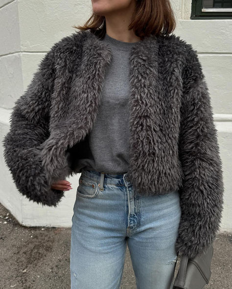 Grey on grey🩶 @mariasagvik in our faux fur jacket and fine knitted wool sweater🧶 Faux Jacket, Faux Fur Jacket, Wool Sweater, Fur Jacket, Wool Sweaters, Faux Fur, Wool, Grey, Quick Saves