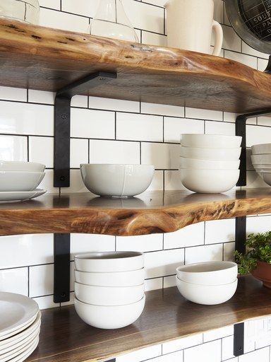 Live Edge Shelves, Open Kitchen Shelves, Regal Design, Metal Shelves, Kitchen Shelves, Wood Shelves, Live Edge, West Elm, Kitchen Counter