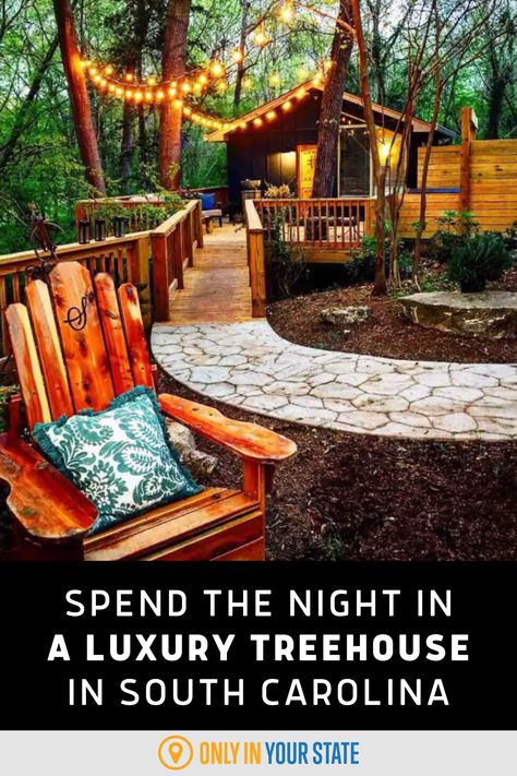 Enjoy a relaxing or romantic getaway at this luxury treehouse in Columbia, South Carolina. It's the perfect for a unique vacation surrounded by nature, with amenities like a hot tub, indoor fireplace, full kitchen, air conditioning, and WiFi! Add this beautiful spot to your travel bucket list. Luxury Treehouse, Luxury Tree Houses, Diy Garden Landscaping, Rough Hewn Wood, Creative Garden Decor, Cool Tree Houses, Vacation Cabin, Garden Decor Projects, Indoor Fireplace