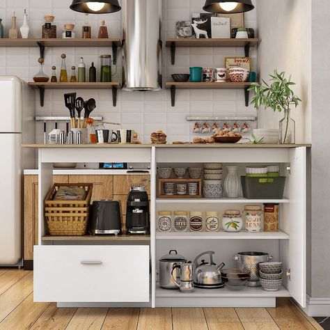 Famapy White Base Oak Table Kitchen Island With 2 Doors And 1 Drawer : Target Small Built In Bar, Island Styling, Kitchen Island Styling, Ikea Pantry, Kitchen Prep Table, Handleless Cabinets, Moody Home Decor, Kitchen Island On Wheels, Table Kitchen Island