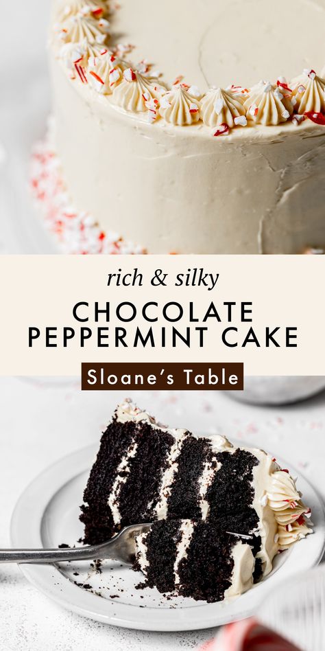 Impress your friends & family at a holiday party with this chocolate peppermint cake! Four layers of rich chocolate peppermint cake are enveloped in a silky white chocolate French buttercream, which is a buttery frosting with just the right amount of sweetness. Top it all off with some crushed candy cane for some extra festive flare! Chocolate French Buttercream, Holiday Chocolate Cake, Peppermint Chocolate Cake, Chocolate Christmas Cake, Crushed Candy Cane, Chocolate Peppermint Cake, Bolo Naruto, Winter Cakes, French Buttercream