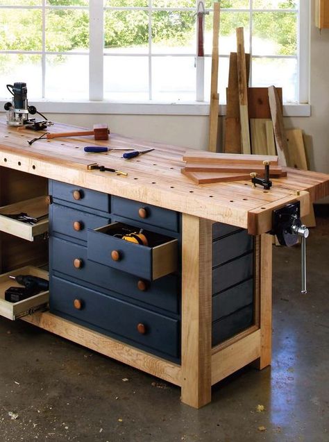 Simple Workbench, Workbench With Drawers, Workbench Designs, Building A Workbench, Woodworking Bench Plans, Diy Workbench, Workbench Plans, Garage Work Bench, Woodworking Workbench