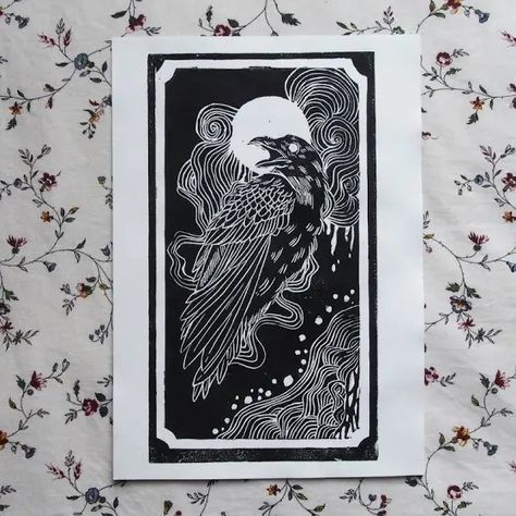 Gothic Place, Store Moodboard, Lino Stamp, Crow And Raven, Linocut Ideas, Ancient Tattoo, Printmaking Ideas, Woodcut Art, 2024 Poster