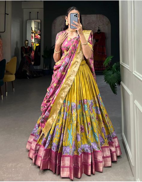 Rs 1330/**💐 lehenga choli💐*

Lehenga (stitched)
Lehenga fabric: dola silk
Lehenga work: kalamkari print with weaving border 
Waist :.  Supported Pu to  42 
Lehenga closer drawstring with length:41
Flair: 3.30 Meter
Inner: micro cotton

Blouse(unstitched)
Blouse fabric: dola silk
Blouse work: printed
Blouse length: 0.90 meter

Dupatta
Dupatta fabric :dola silk
Dupatta work : kalamkari print with both side tassels
Dupatta length :2.4 meter

Lehenga+blouse+dupatta
Weight:900gm

*Price: 1330 free Silk Blouse Work, Tassels Dupatta, Lehenga Stitched, Kalamkari Dresses, Kalamkari Print, Alaska Fashion, Lehenga Fabric, Stitched Lehenga, Lehenga Blouse