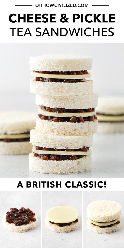 A classic, British cheese and pickle tea sandwiches can be made in minutes using just 3 ingredients. These 2-bite sandwiches are perfectly sweet, tangy, and salty. #cheeseandpicklesandwich #teasandwiches #afternoontea #fingersandwiches #appetizers #britishfood Fancy Sandwiches, Party Sandwiches Recipes, High Tea Sandwiches, Tea Party Sandwiches Recipes, Branston Pickle, Pear Tea, Afternoon Tea At Home, Toothpick Appetizers, Tea Sandwich