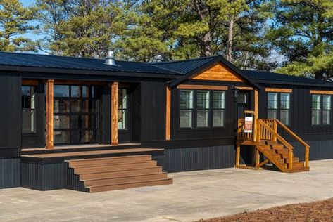 Black Mobile Home, Black Mobile Home Exterior, Farm Luxe, Manufactured Home Exterior, Wood Burning Furnace, Cedar Shiplap, Mobile Home Redo, Pool Side Bar, Granite Kitchen Island