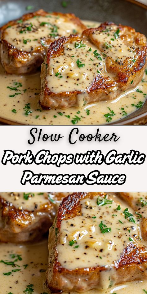 A rich, creamy slow-cooked pork chop dish with garlic Parmesan sauce. Perfect for busy nights, this effortless meal is packed with flavor and pairs well with various sides. Meals With Pork Chops, Pork Chops Crockpot, Slow Cooker Pork Chops Recipes, Pork Chop Dishes, Pork Crockpot Recipes, Garlic Parmesan Sauce, Slow Cooker Pork Chops, Slow Cooked Pork, Parmesan Sauce