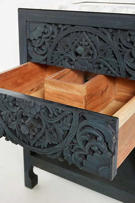 Handcarved from tropical hardwood, this elegant bathroom vanity is a true work of art. Its filigree-inspired cutouts create a breathable space where shadows and sunlight play.For ordering assistance and more, please contact us. For aesthetic advice and tips to help decorate your space, enjoy our complimentary home styling services.For more information on the materials and techniques of this piece, click here. Powder Bathroom Vanity, Powder Bathroom, Unique Bathroom Vanity, Ceramic Undermount Sink, Hanging Furniture, Plumbing Installation, Elegant Bedding, Inspire Me Home Decor, Wood Vanity