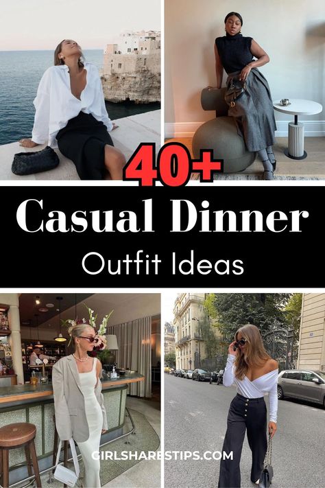 40+ casual dinner date outfit ideas that are both classy and elegant, giving you an old money vibe while looking expensive. From spring to summer, fall to winter, these stylish and trendy looks are effortlessly chic for Thanksgiving with friends, a girls' night out, colleagues, family events, anniversaries, birthdays, Valentine's Day, Christmas, or any night out party. Pizza Dinner Outfit, Girls Dinner Outfit Summer, What To Wear For Dinner With Friends, What To Wear To A Nice Dinner, Happy Hour Outfits For Women, Corporate Dinner Outfit Night, Dinner With Girlfriends Outfit, Cute Day Date Outfits, Out To Eat Outfit