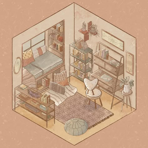 Cozy Isometric Study | Skillshare Projects Isometric Room Illustration Aesthetic, Isometric Bedroom Illustration, Draw Room Ideas, Cozy Isometric Room, Drawings Of Bedrooms, Isometric Room Procreate, Procreate Room Drawing, Bedroom Drawing Illustrations, Dream Room Drawing