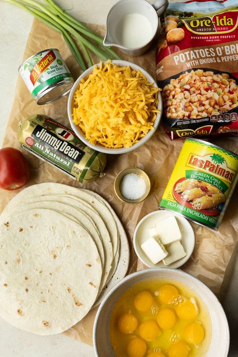 Cheesy Scrambled Eggs, Enchilada Ingredients, Breakfast Enchiladas, Crispy Beef, Green Enchilada Sauce, Green Chiles, Breakfast Casserole Sausage, Enchilada Casserole, Breakfast Drink