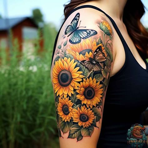 Sunflower Tattoo Sleeve Color, Sunflower Tattoo Sleeve Shoulder, Sunflower Arm Tattoos For Women, Sunflower Thigh Tattoos Women, Unique Sunflower Tattoos For Women, Butterfly And Sunflower Tattoo, Sunflower Butterfly Tattoo, Sunflower And Butterfly Tattoo, Sunflower Shoulder Tattoo