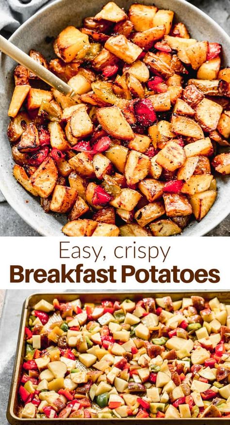 Perfectly crispy Breakfast Potatoes are easy to make and include seasoned red potatoes, bell pepper and onion, roasted in the oven. via @betrfromscratch Country Potatoes Breakfast Oven, Red Potatoes For Breakfast, Red Potato Hashbrowns, Breakfast Red Potatoes, Red Breakfast Potatoes, Breakfast Potatoes Oven, Seasoned Red Potatoes, Oven Breakfast Potatoes, Red Potatoes Oven